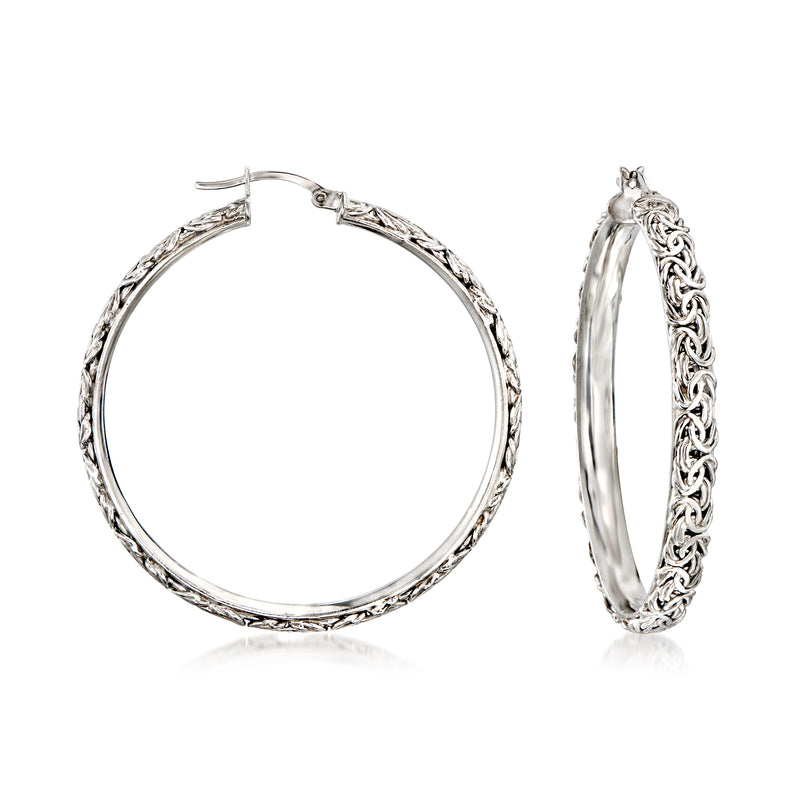Pair of extra-large sterling silver hoop earrings with Byzantine textured design