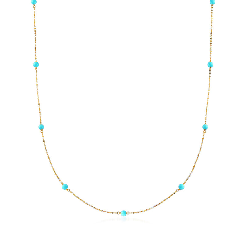 Turquoise bead station necklace with 14kt yellow gold chain and small round blue beads