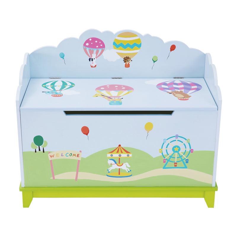 Children's hot air balloon wooden toy chest with illustrated balloons and open lid