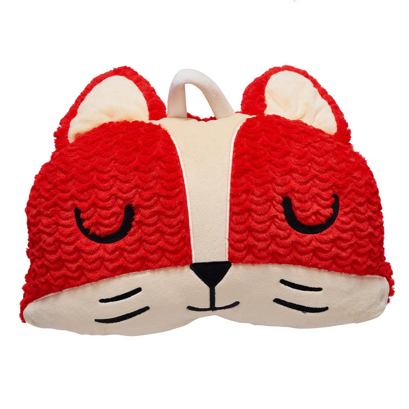 Fox plush sleeping bag with red hood and cream face, sleeping-bag opening visible