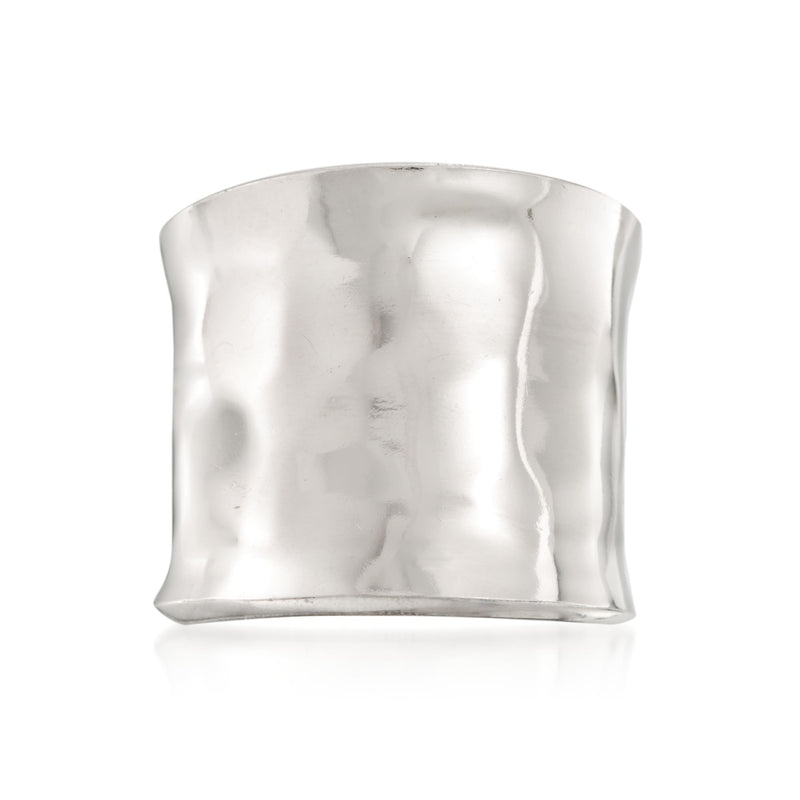 Sterling silver hammered cuff ring with wide, flat band