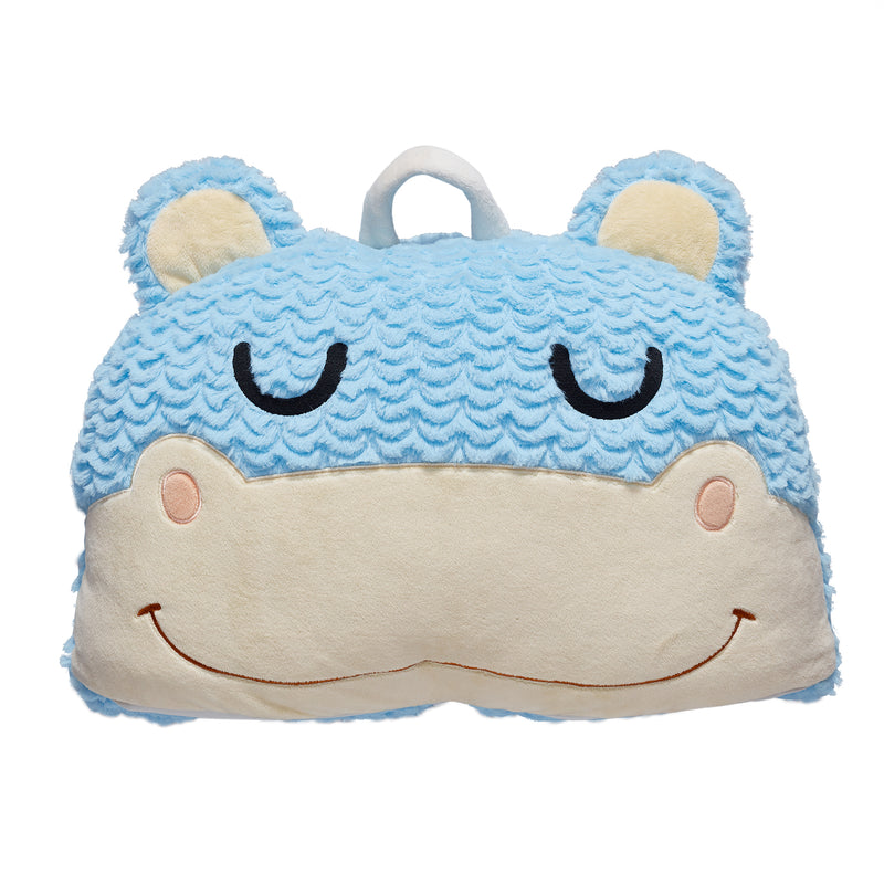 Blue plush hippo sleeping bag with hood, smiling face and ears