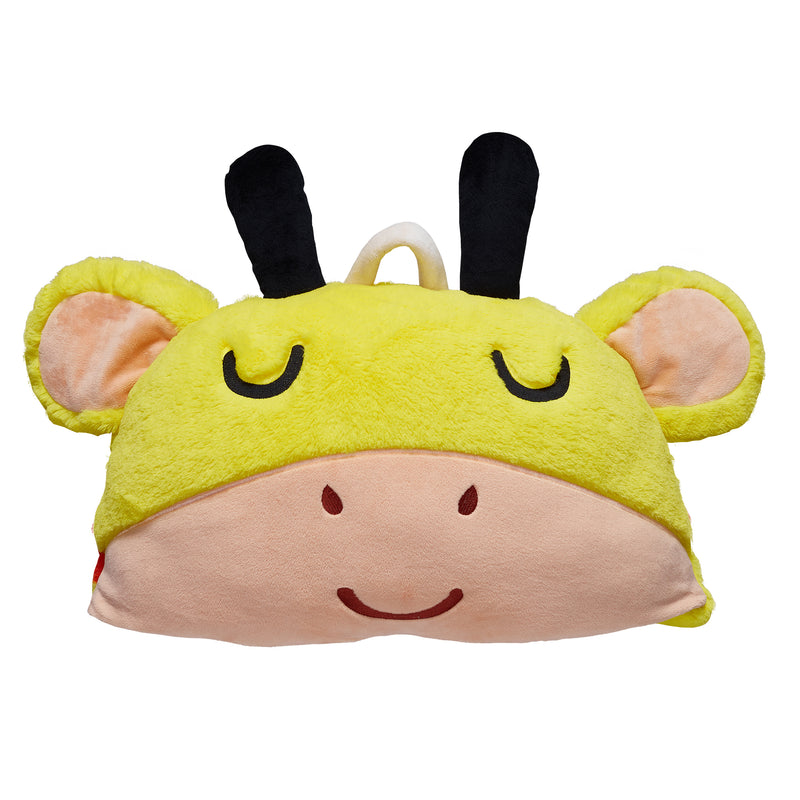 Yellow plush sleeping bag with giraffe-face hood, pink cheeks, black ears and long legs