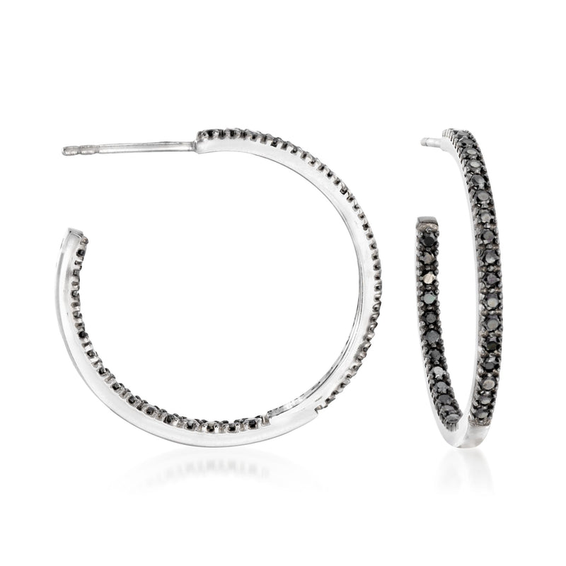 Sterling silver hoop earrings with black spinel pave on inner and outer rings