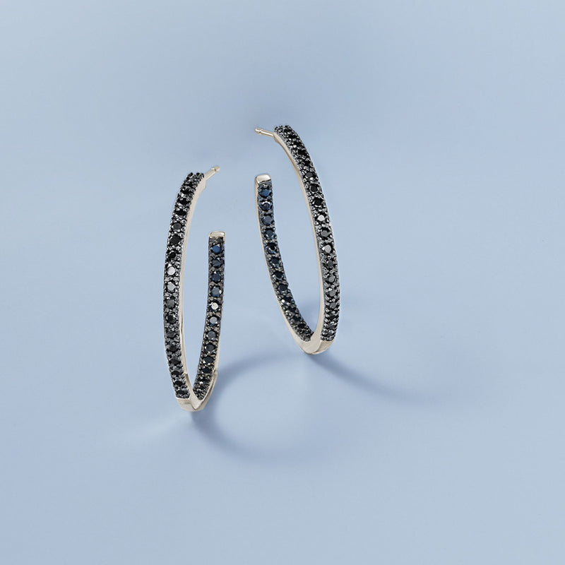 Black spinel pave hoop earrings in sterling silver, two stacked views