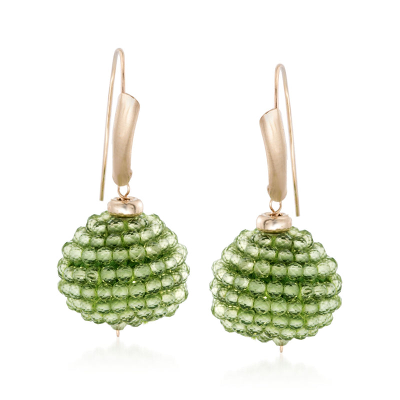 14kt yellow gold earwire bead drop earrings with green peridot textured drops