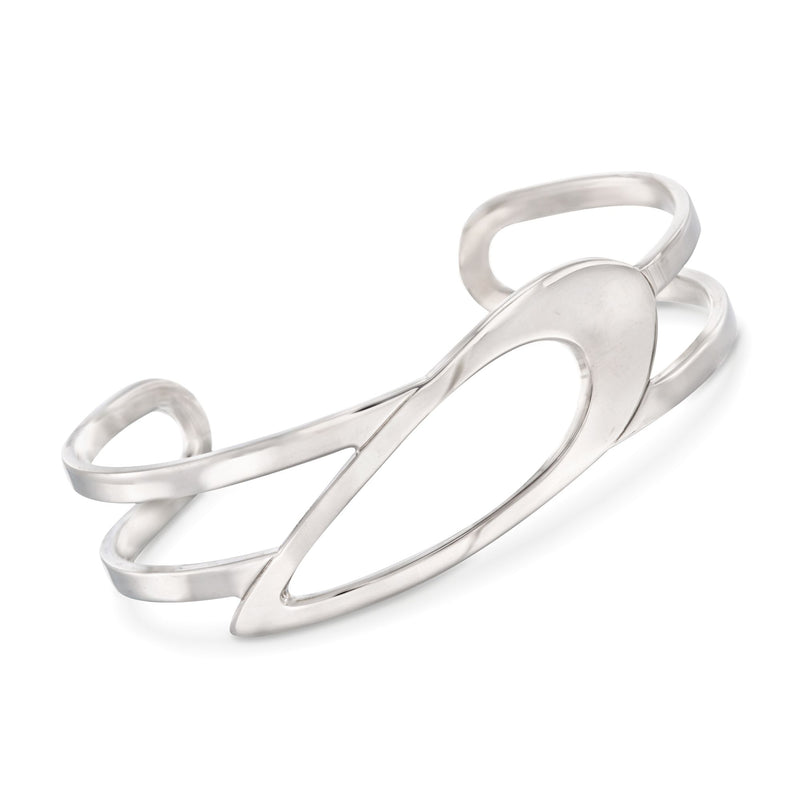 Sterling silver open teardrop cuff bracelet with polished open centerpiece