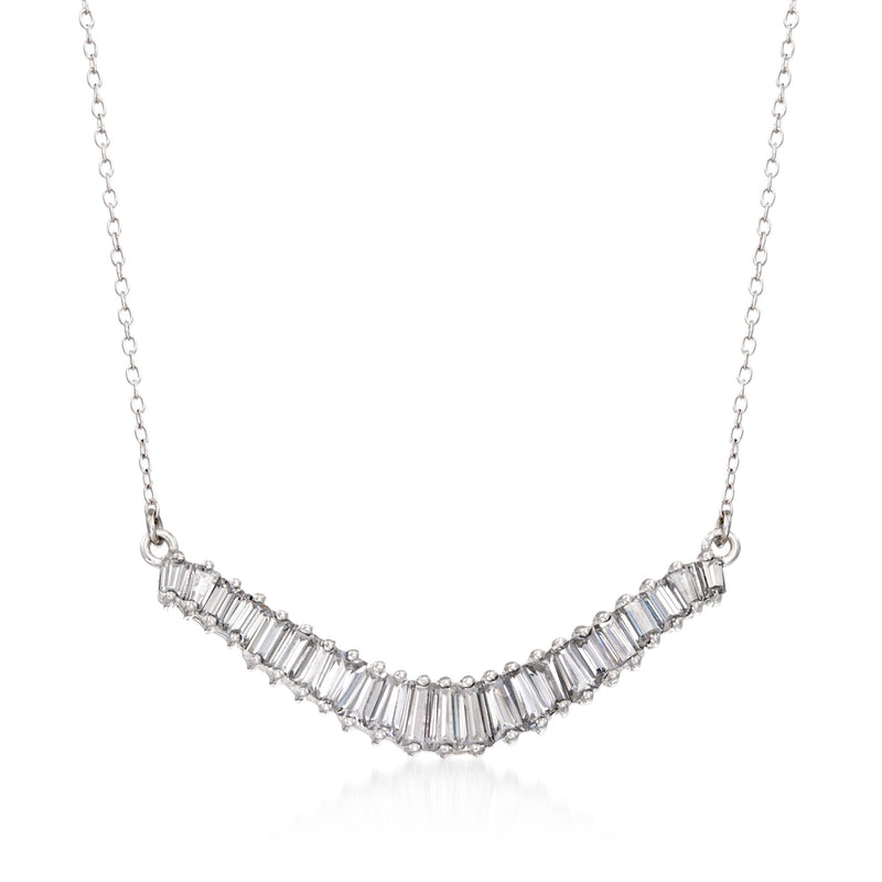 Sterling silver curved baguette CZ bar necklace with linked chain and V-shaped row