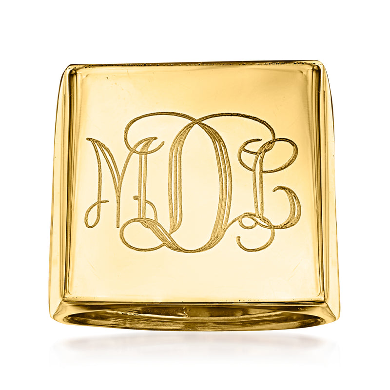 Yellow gold square-top signet ring with engraved personalized monogram on face