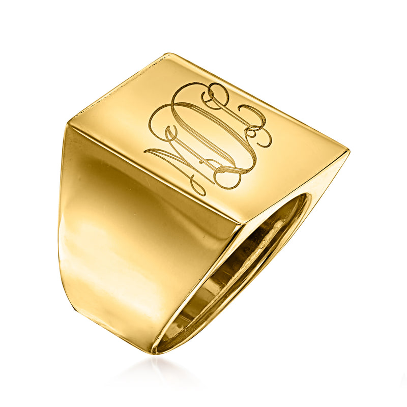 Yellow gold square-top signet ring, side view with engraved monogram on top