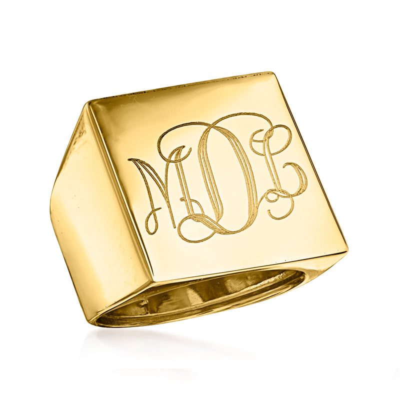 Yellow gold square-top signet ring with engraved personalized monogram, angled