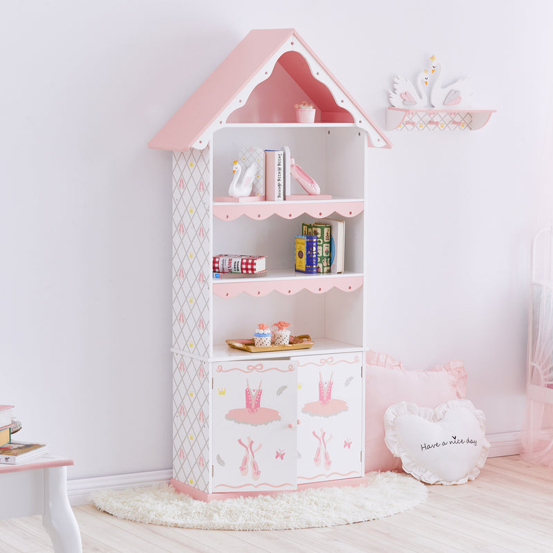 Child's wooden house-shaped bookshelf with pink Swan Lake theme, 3 shelves and drawer