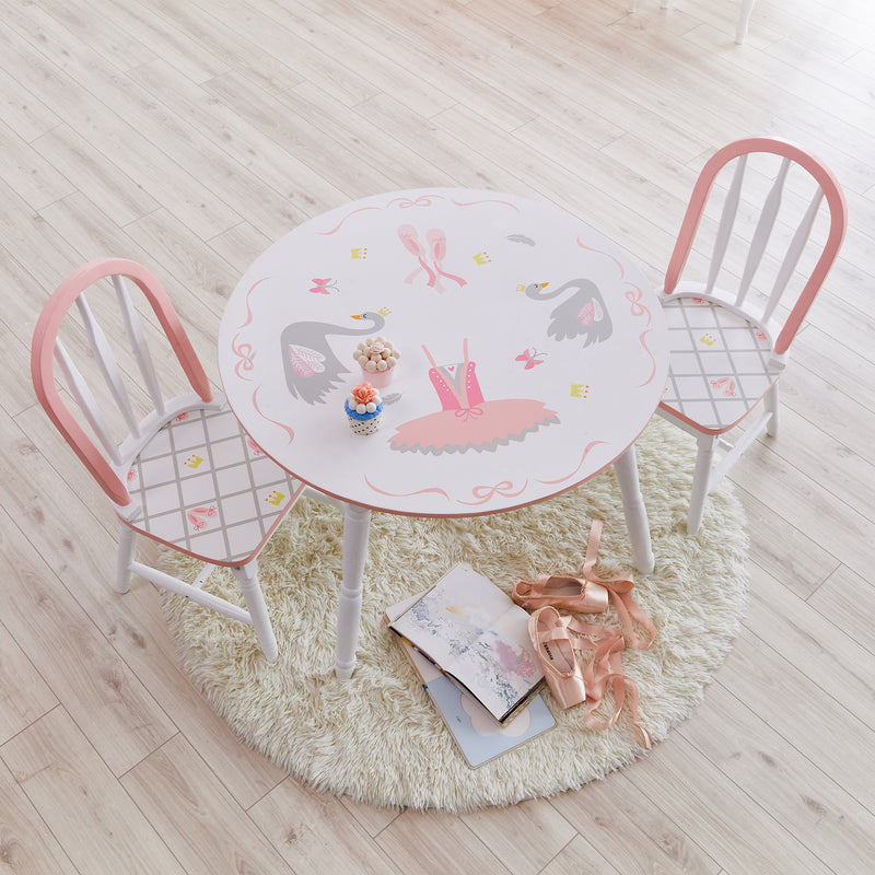 Children's Swan Lake wooden table set with 2 round pink-and-white chairs