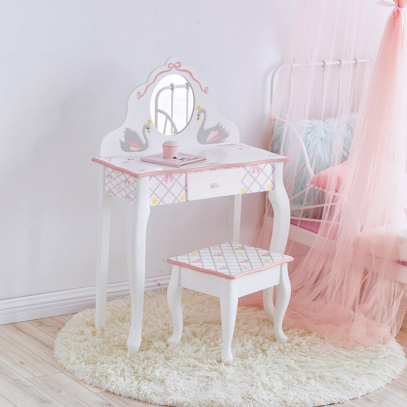 Children's swan vanity with mirror, white and pink, includes stool