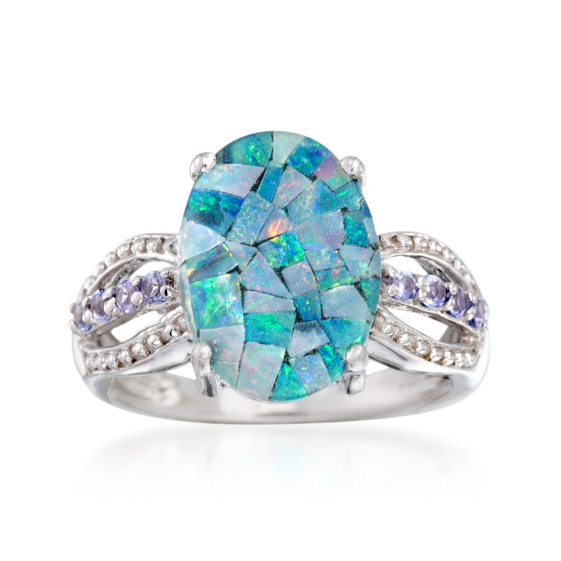 Sterling silver ring with oval opal mosaic center and purple gemstone side accents
