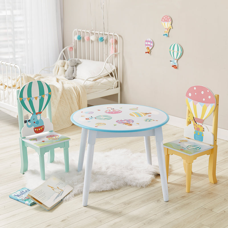 Children's wooden table and two chairs set with hot air balloon graphics