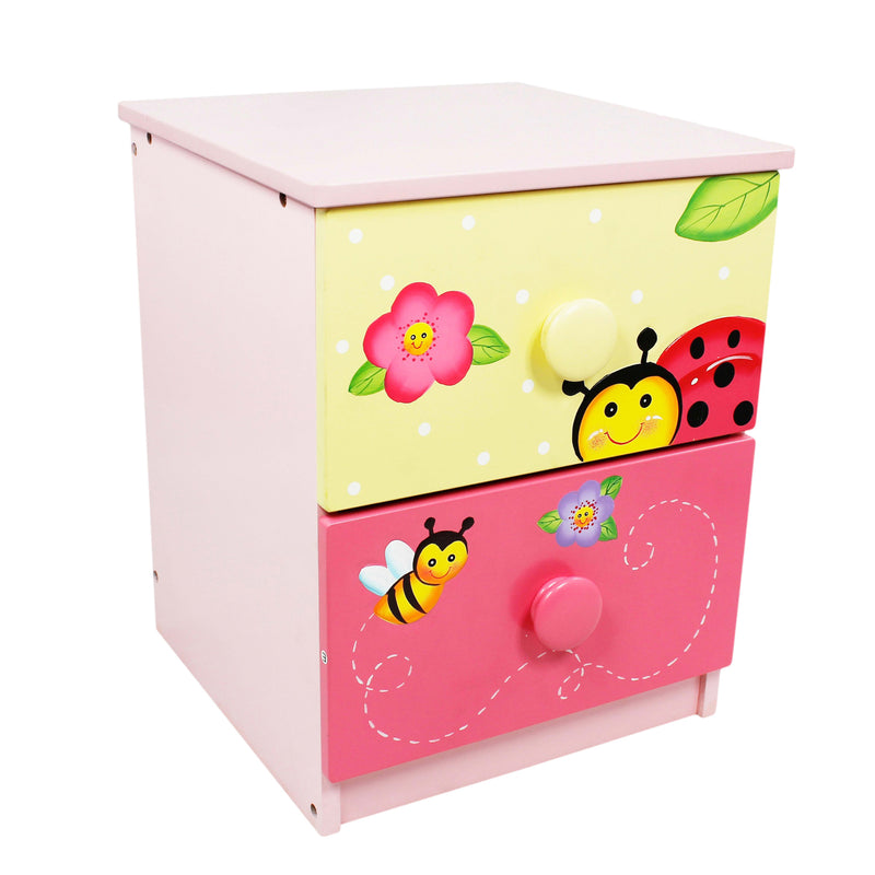 Kids wooden nightstand with garden-themed drawer front and rounded knob