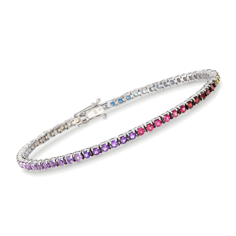 Sterling silver tennis bracelet with prong-set multicolor stones, purple, pink, blue rows