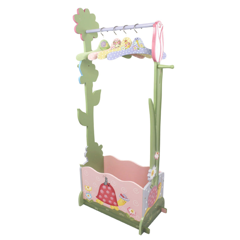 Child's wooden valet rack with 4 hangers, pastel green and pink garden design