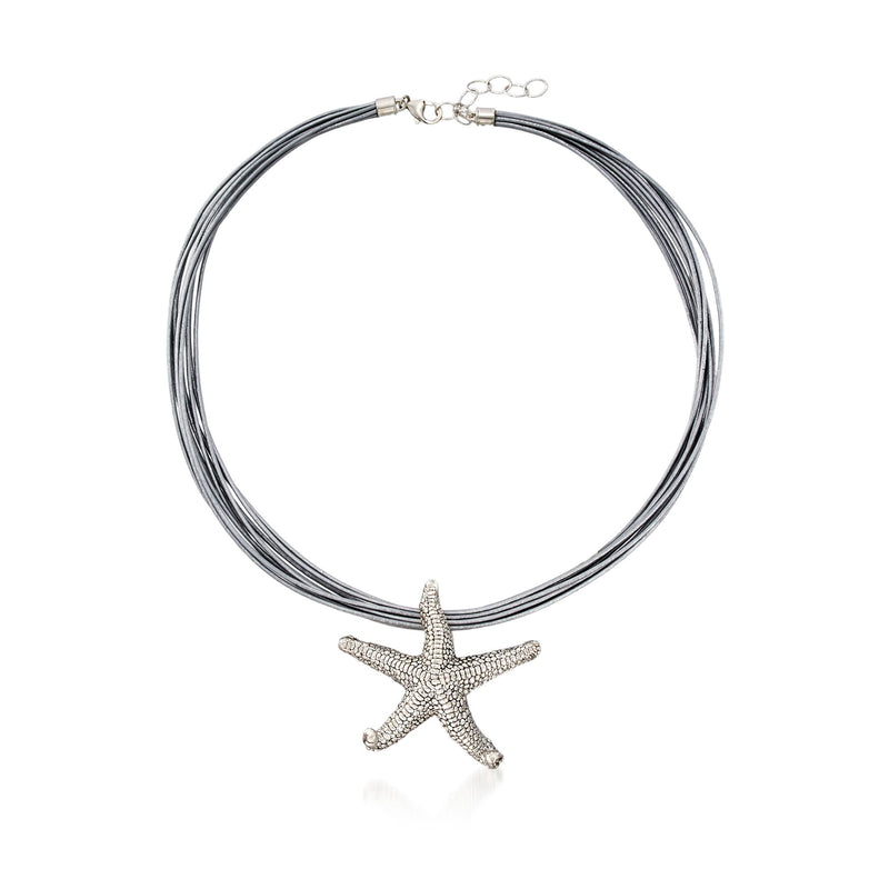 Silver starfish pendant necklace on braided silver cord