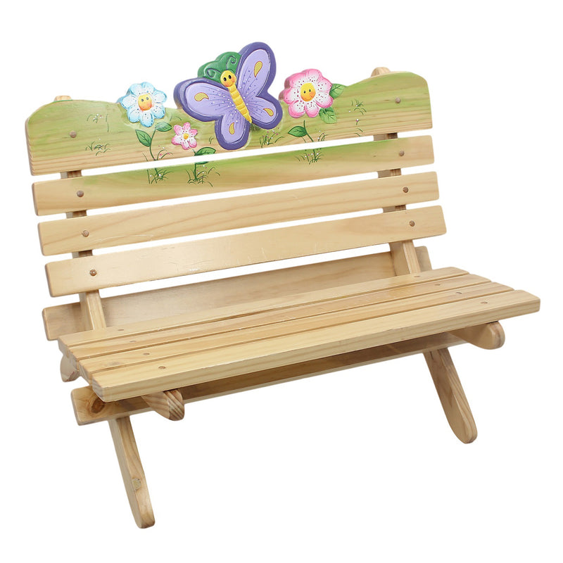 Children's magic garden wooden outdoor bench with painted butterflies and flowers