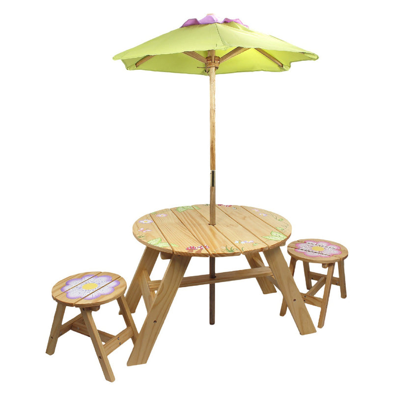 Kids wooden outdoor round table with green umbrella and two matching stools