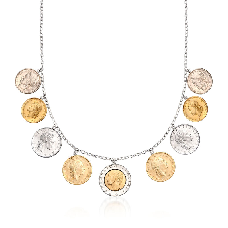 Sterling silver coin necklace with mixed gold and silver charm medallions on chain