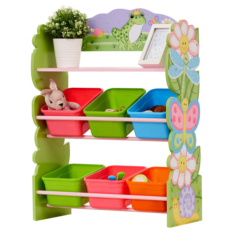 Wooden toy organizer with colorful plastic bins; garden-themed animal panel