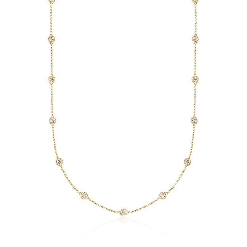 14kt yellow gold diamond station necklace with round bezel-set stones
