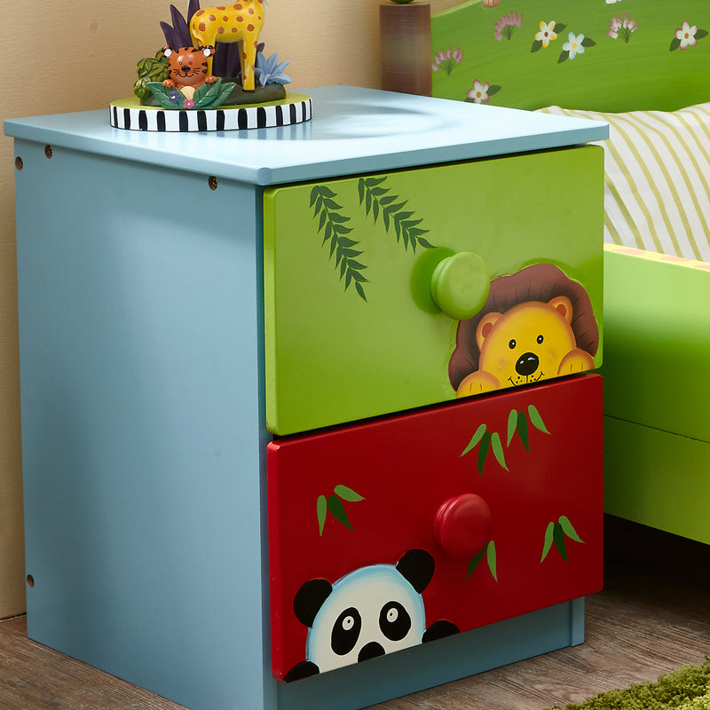 Child safari wooden dresser with two drawers, colorful jungle fronts, and animal knobs
