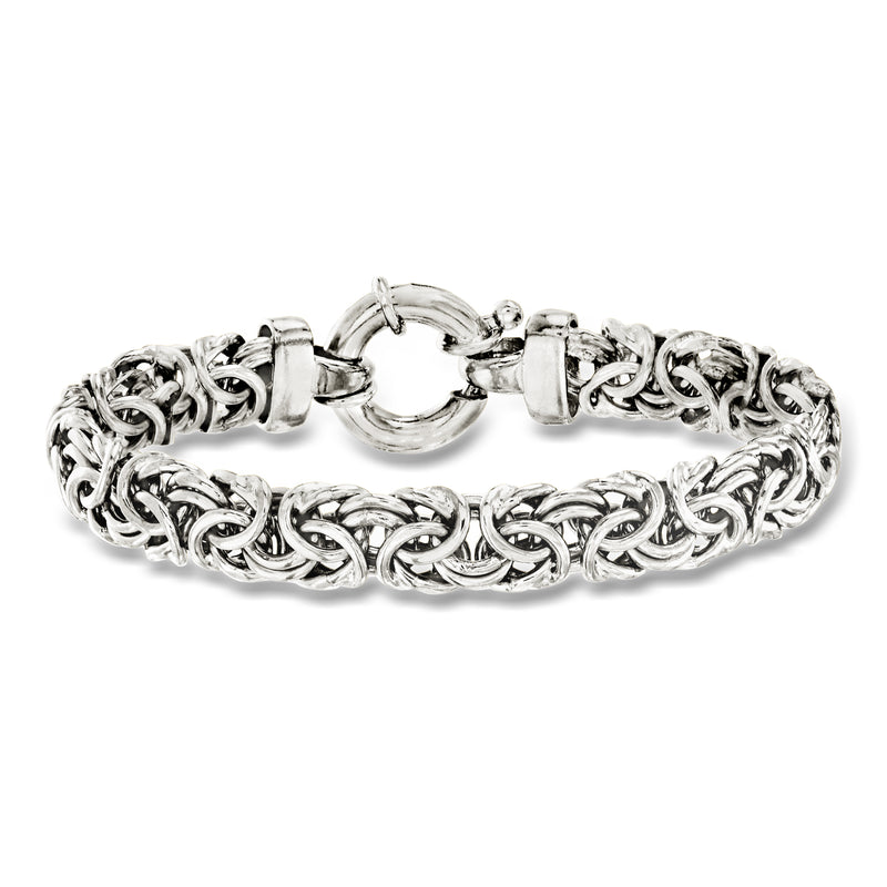 Silver Byzantine chain bracelet with round clasp and interwoven link pattern