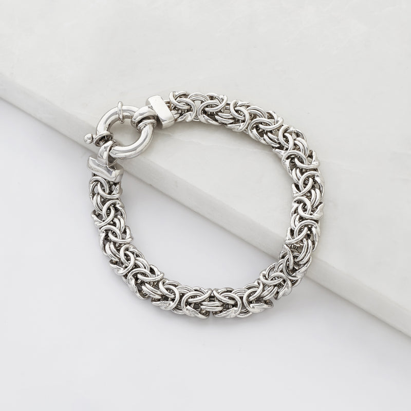 Silver Byzantine chain bracelet with clasp, shown from the side