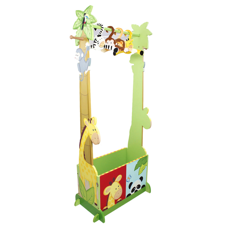 Wooden safari-themed valet rack for kids with 4 hangers, green with animal decals