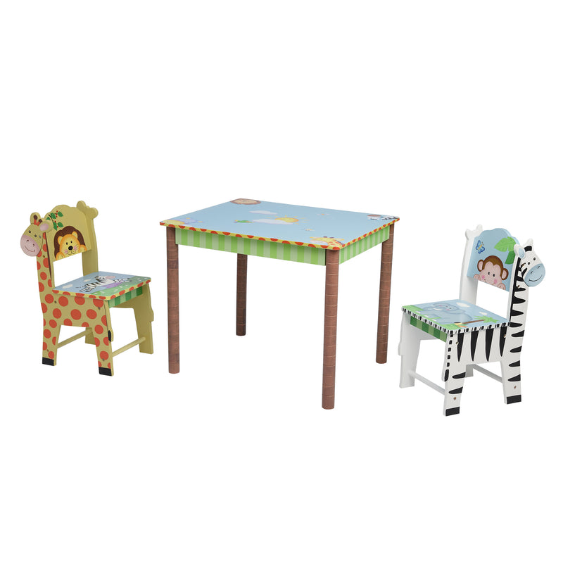 Kids wooden safari table set with colorful animal-print top and two matching chairs