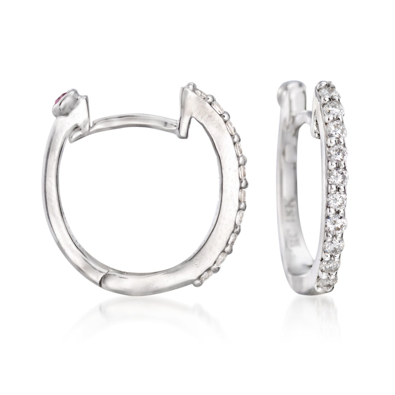 Roberto Coin diamond huggie hoop earrings in 18kt white gold, front and side view