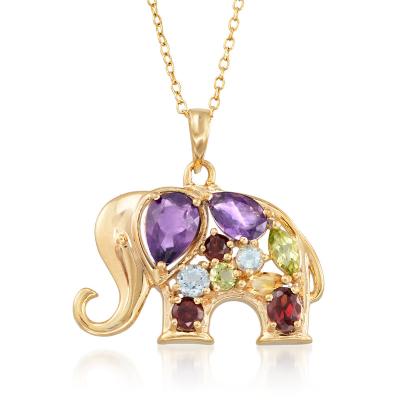 18kt gold over sterling elephant pendant necklace with purple, blue, and red gemstones