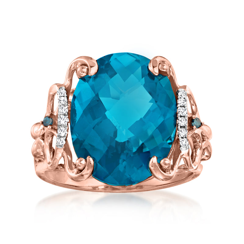 Rose gold ring with large blue oval gemstone and white diamond accents