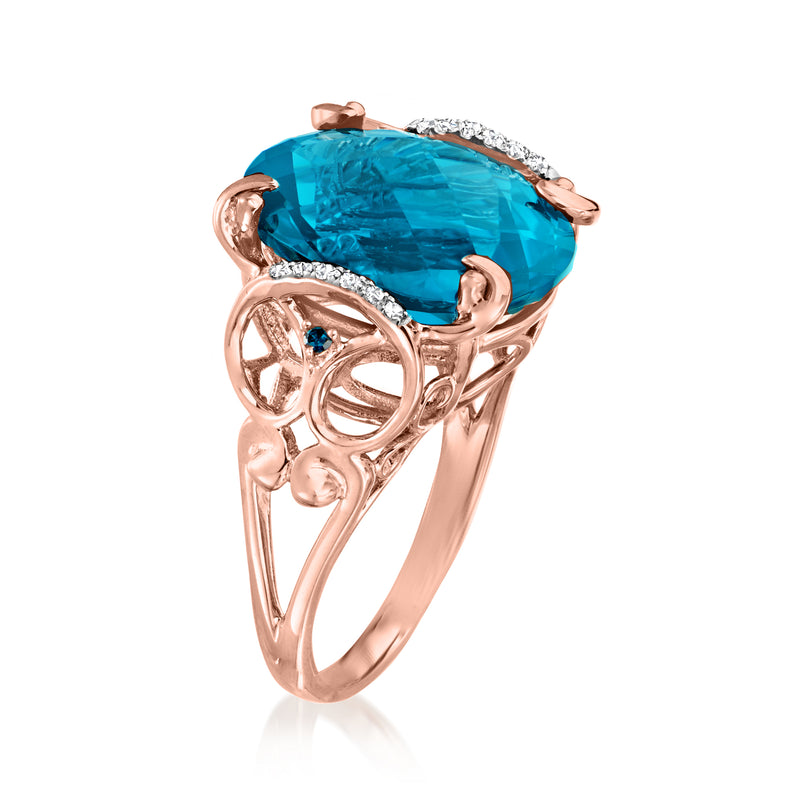 14kt rose gold ring with blue oval gemstone, white diamond halo, prong setting