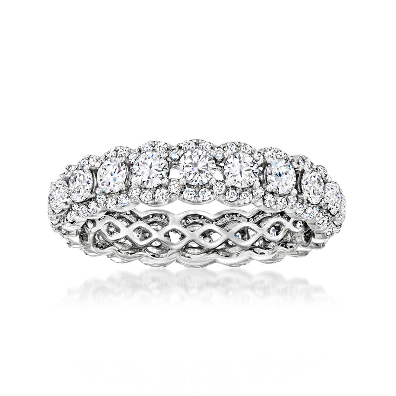 14kt white gold diamond eternity band with round stones, shared prong setting
