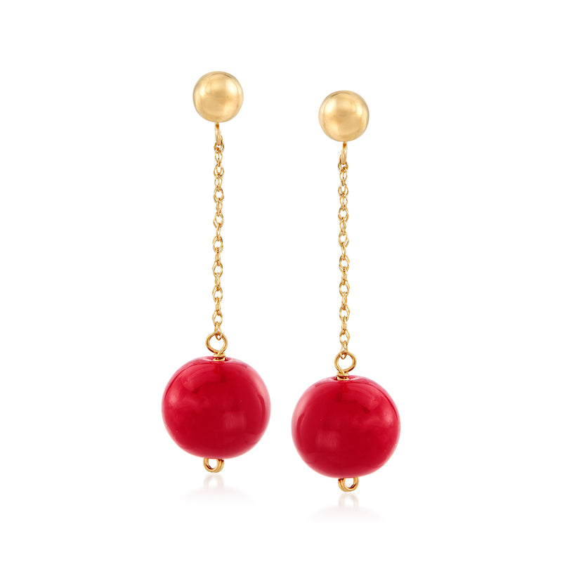 14kt yellow gold drop earrings with round red coral bead dangles