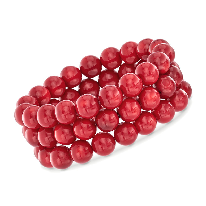 Three red coral bead stretch bracelets with round glossy beads and elastic