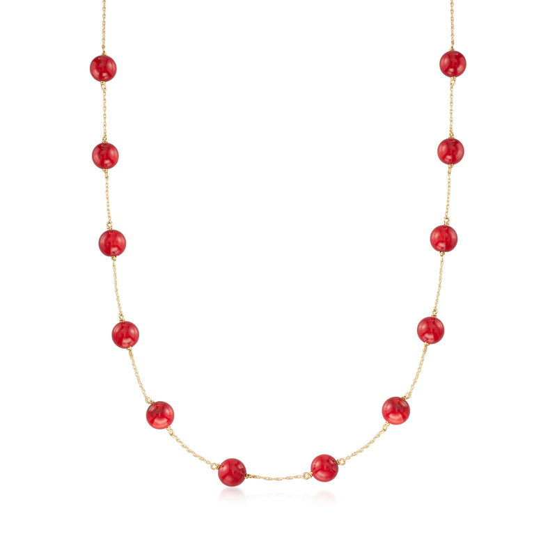 Red coral bead necklace with 14kt yellow gold chain and round red beads