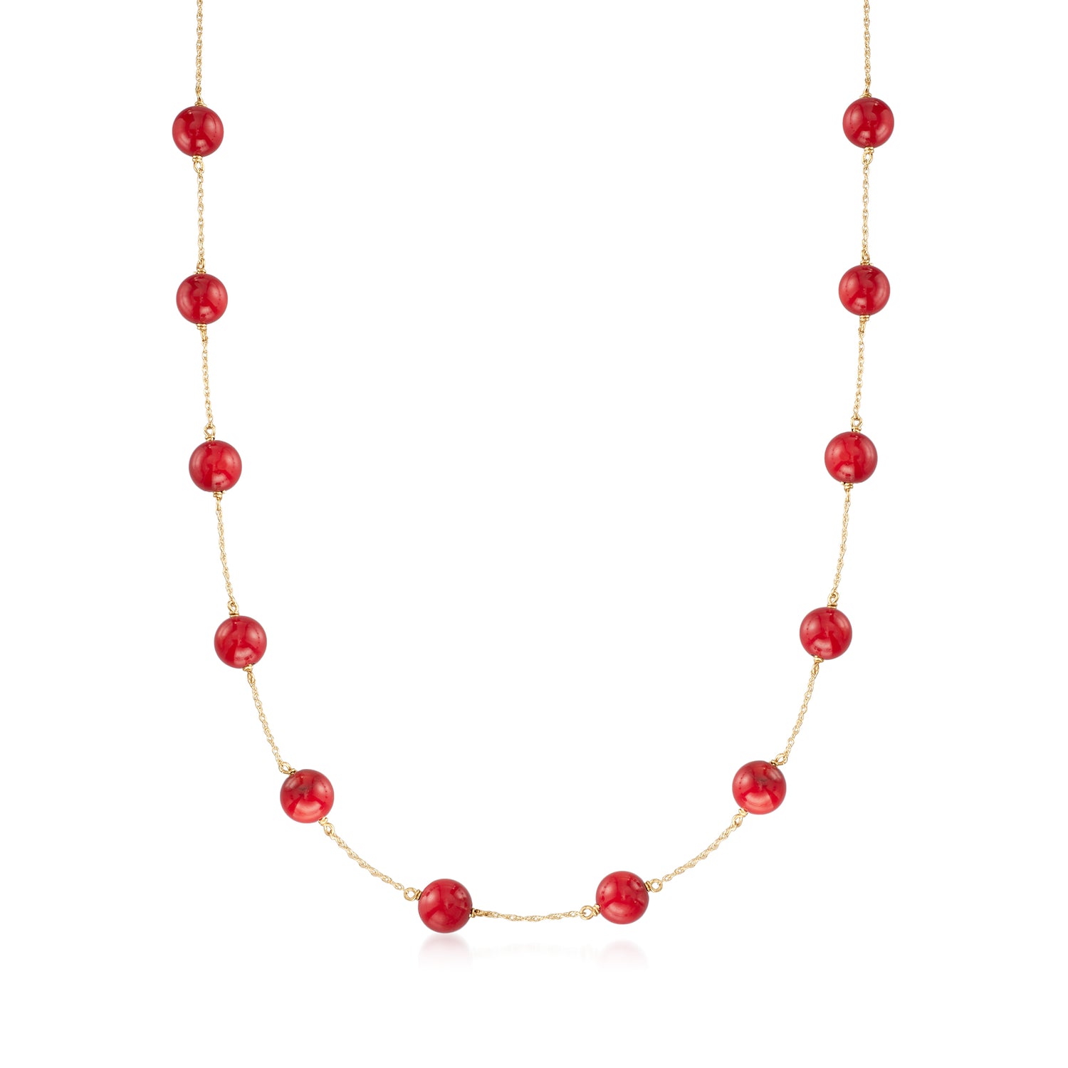 8mm Red Coral Bead Station Necklace in 14kt Yellow Gold