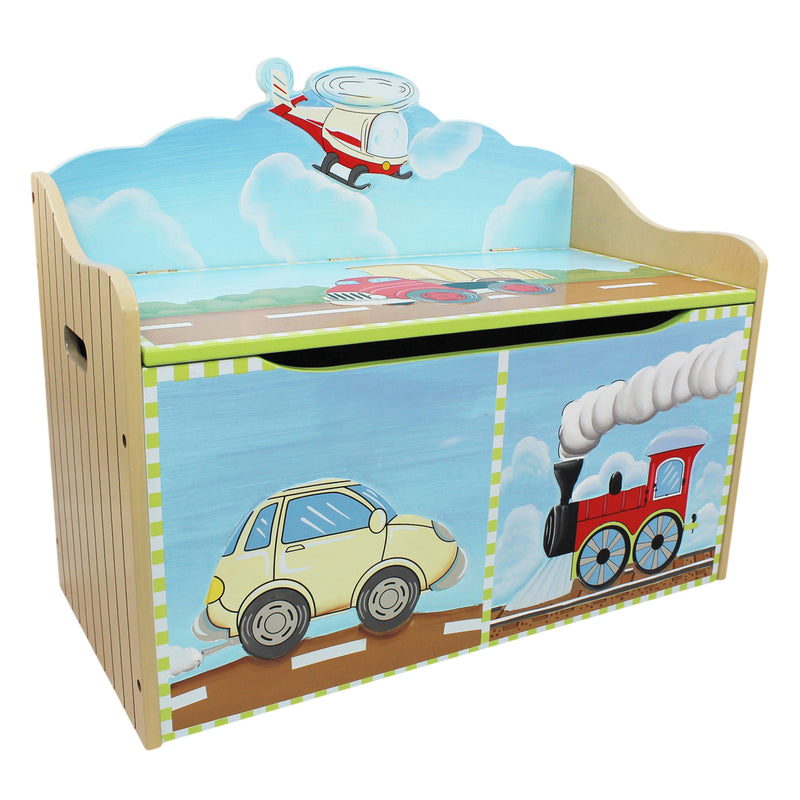 Wooden toy chest with transportation vehicle graphics and open lid, child storage box