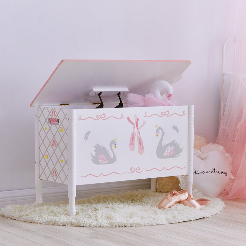 White wooden ballet-themed toy chest with swan and pink ballerina design, open lid
