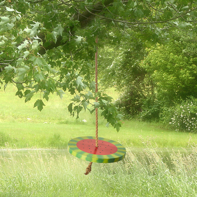 Watermelon-themed hanging swing seat with rope, round red center and green striped edge