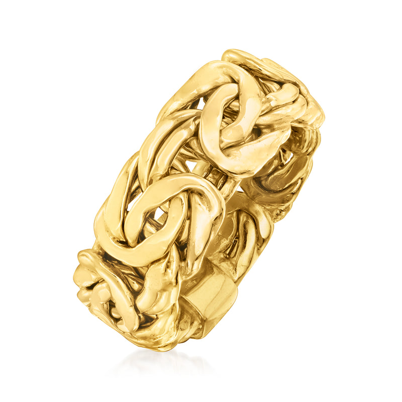 Gold Byzantine ring, chunky braided band with raised links, polished shine