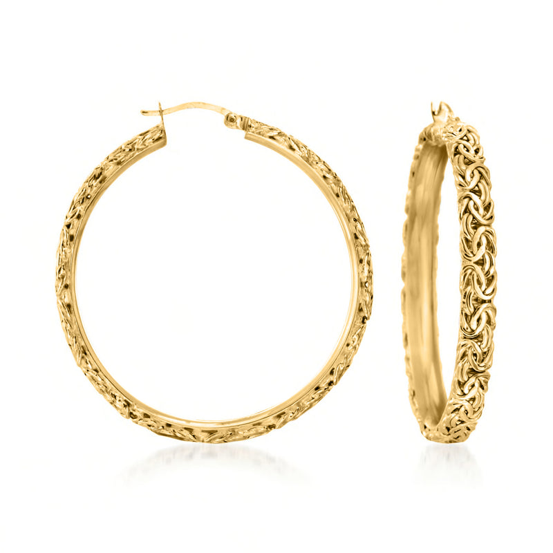 Extra large gold-tone hoop earrings with Byzantine-style rope pattern
