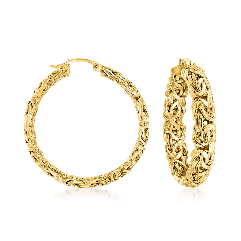 Large gold-tone Byzantine hoop earrings with twisted chain braid links