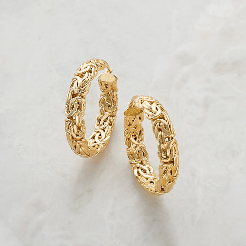 Gold hoop earrings with intricate Byzantine chain links, medium size